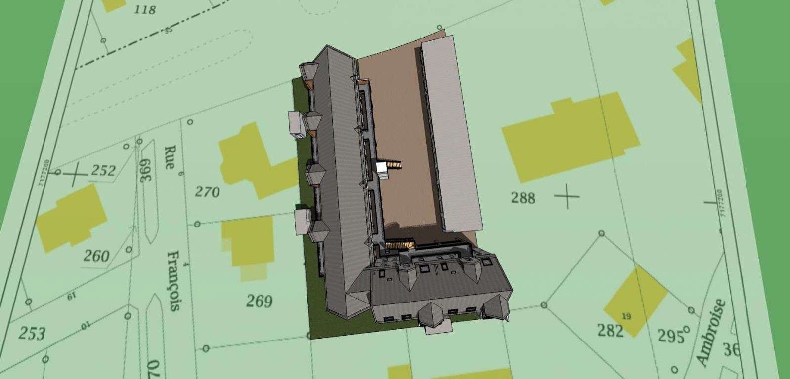 Plan 3D vue du ciel d'une résidence en cours de construction dans le Morbihan